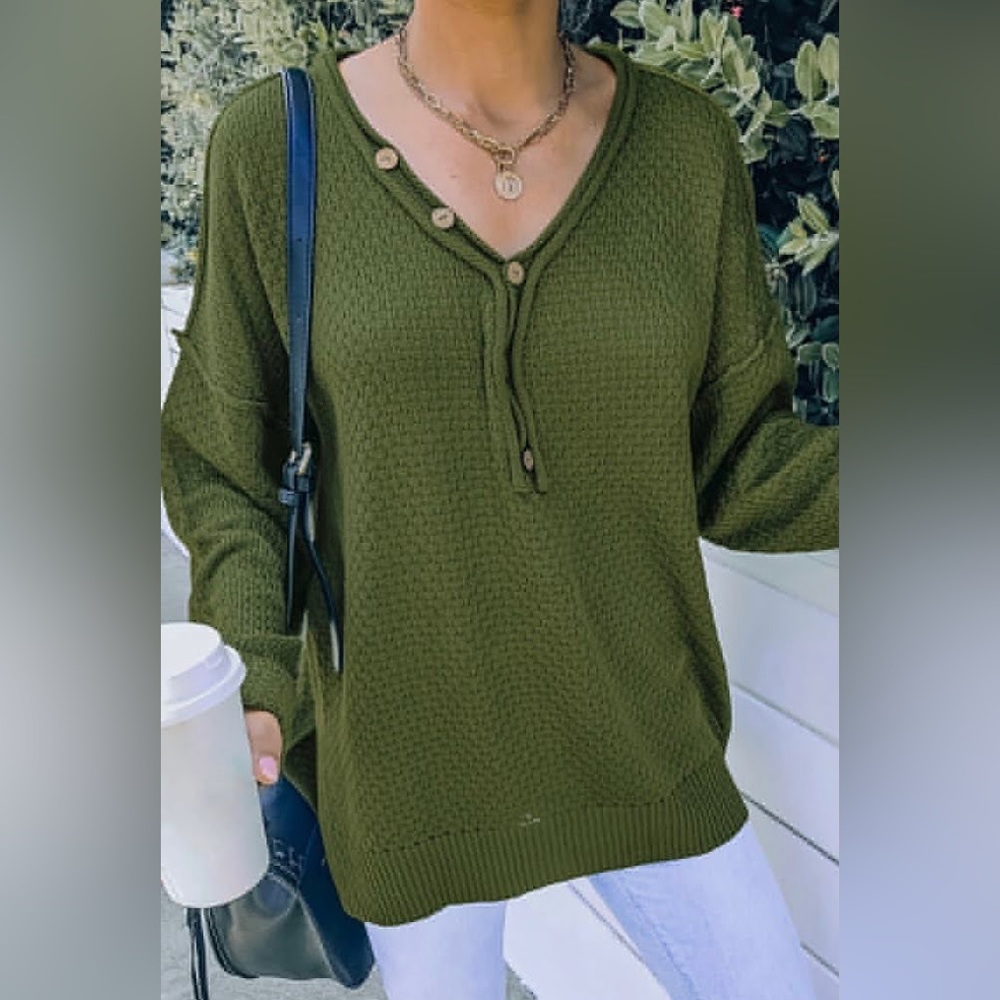 Mountain Valley Trading Button V-neck Knit Sweater Green Large NWT